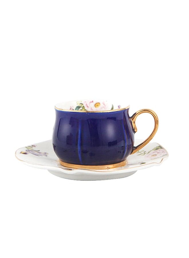 2-Piece Voguish Unique Gold Handle Small Five Leaf Cup And Saucer Blue/White/Gold 115ml