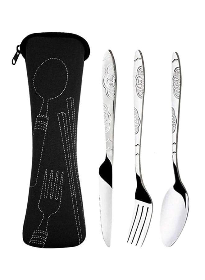 4-Piece Portable Cutlery Set With Case Black/Silver