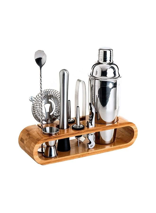 11-Piece Bar Tool Set with Stylish Bamboo Stand Silver 10cm