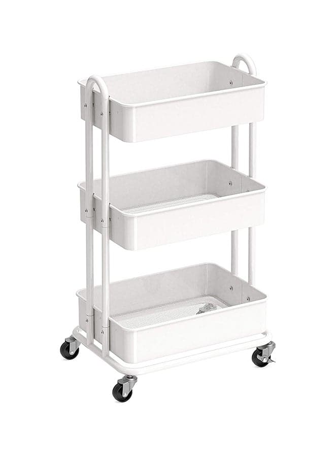 3-Tier Multifunctional Kitchen Cart With 2 Dividers And Hanging Bucket Metal Utility Rolling Cart White 43x36x76cm