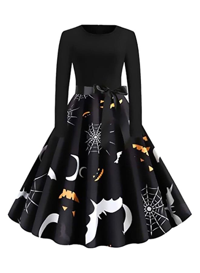 Halloween Bat Printed Bow Detailed Dress Black/White/Beige