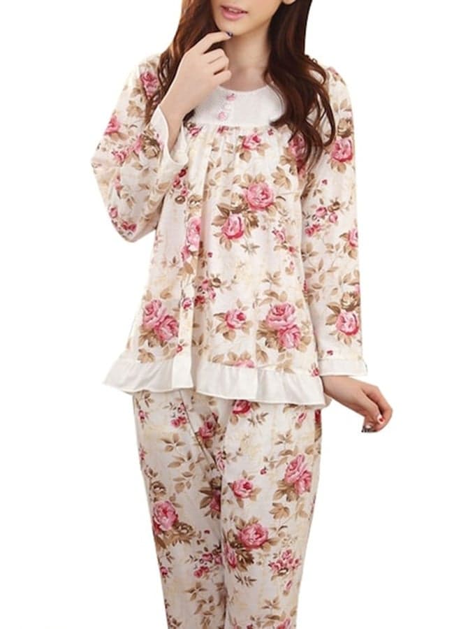 Floral Pajamas Set Beige/Pink/Brown