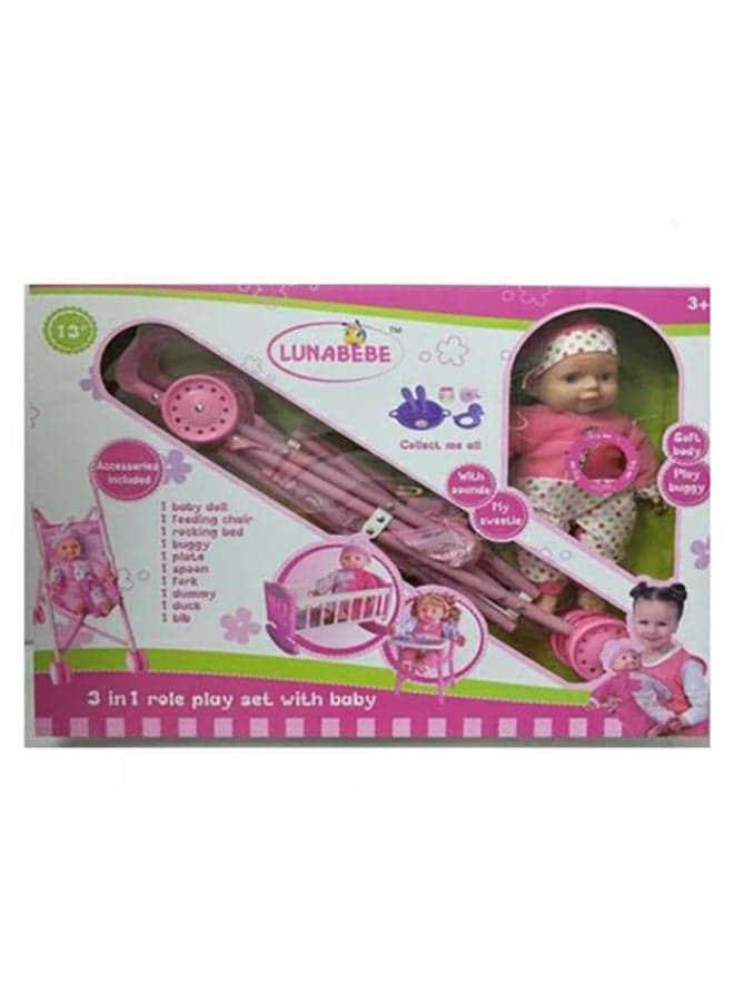 3 In 1 Role Play Set with Doll 40 x 22 x 7cm