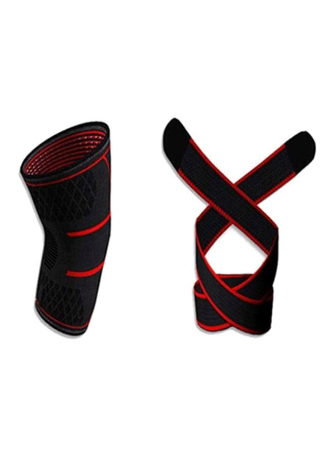 One Piece Adjustable Compression Knee Brace Support Pads | Size: M | Black/Red 24cm