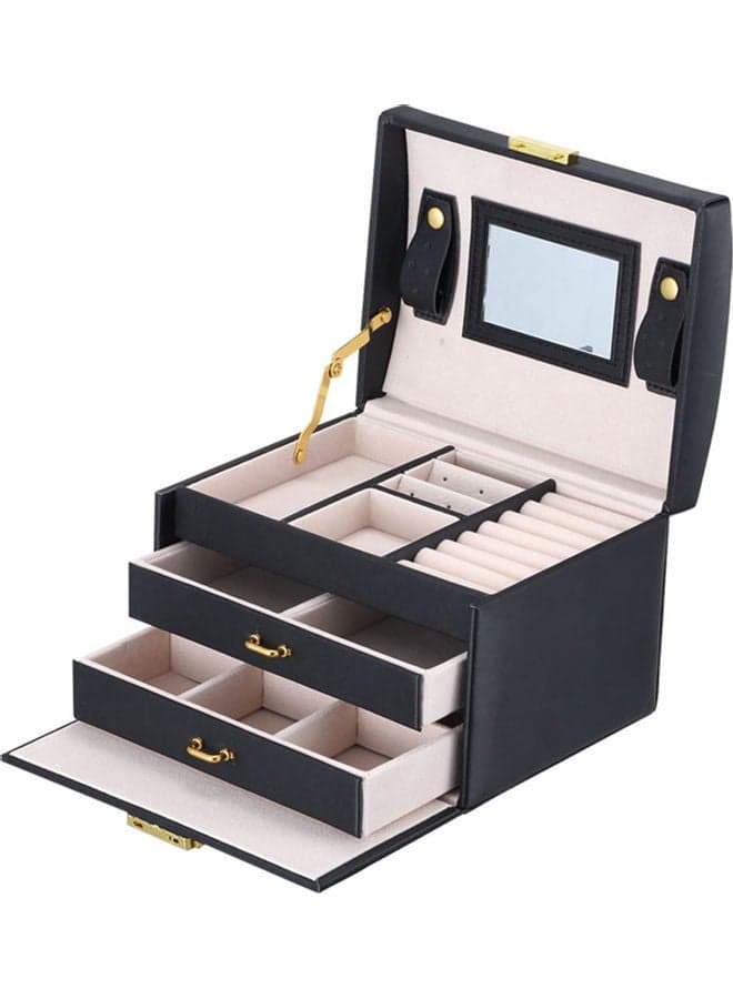 Fashionable PU Leather Jewelry Box Three-layer Design Double Drawers Storage Case Bracelet Necklace Ring Container Organizer Black