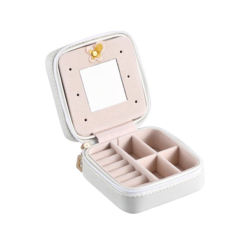 Small Portable Travel Jewelry Box with Mirror Storage Case White