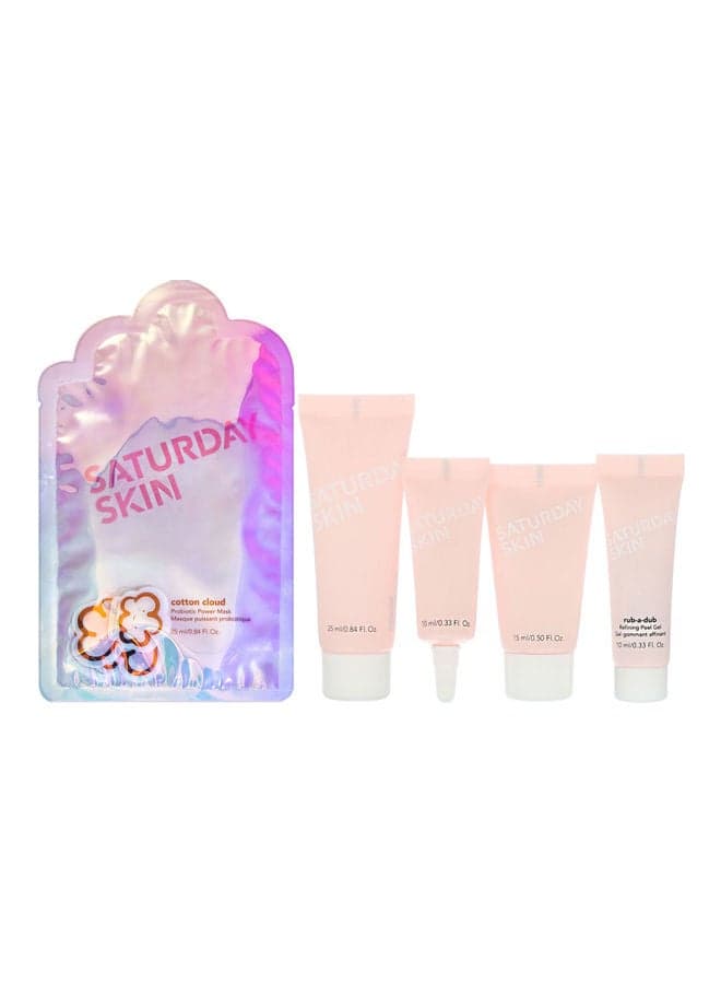5-Piece Everyday Glow Set Rise And Shine Gentle Cleanser - 15ml, Rub-a-Dub Refining Peel Gel - 10ml, Cotton Cloud Probiotic Power Sheet Mask, Brightening Eye Cream - 10 ml, Waterfall Glacier Water Cream - 25ml