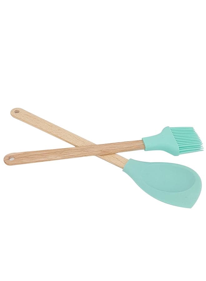 2-Piece Wooden Handle Silicone Spoon And Brush Green/Brown 30cm