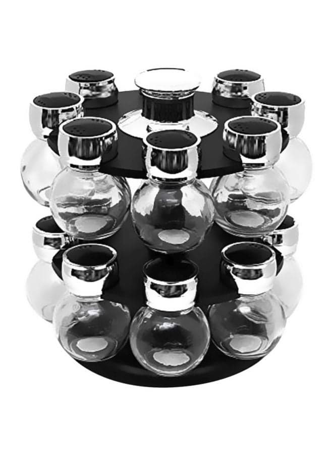 16-Piece Glass Spice Jar Set With Rack Silver/Clear/Black