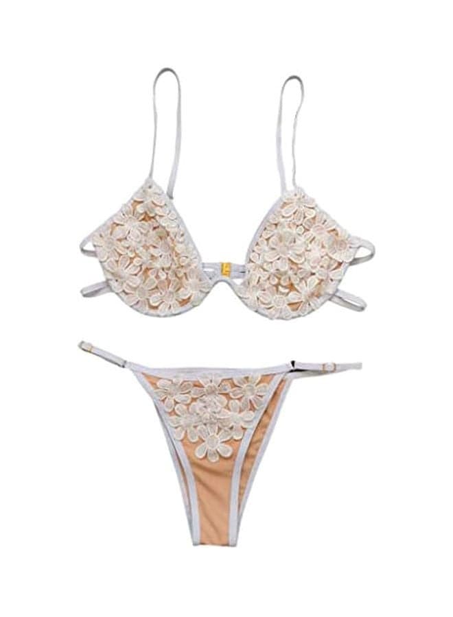 2-Piece Floral Embroidered Bikini Set Beige/White