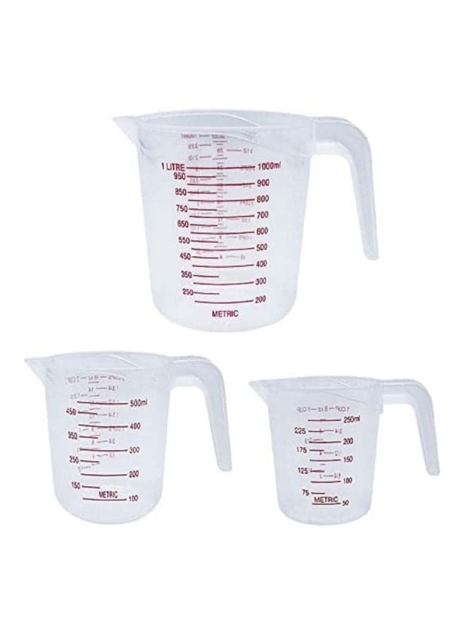 3-Piece Plastic Measuring Cup Set Clear/Red Small Cup 250, Medium Cup 500, Large Cup 1000ml