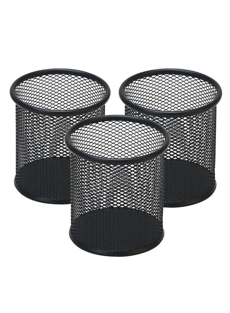 3-Piece Metal Mesh Cylinder Pen Holder Black