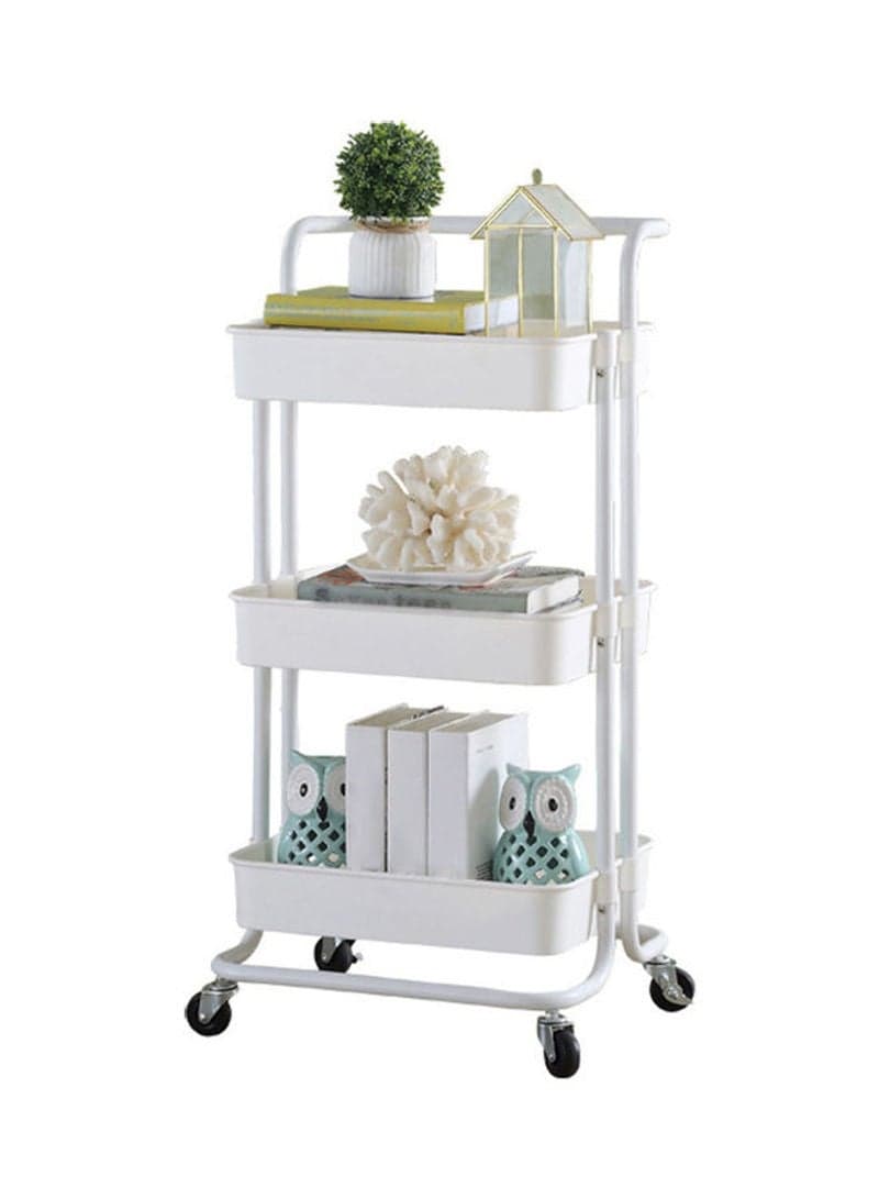 3 Tier Multi-Functional Moveable Wheels Rolling Metal Utility Cart Storage Organizer Shelves Basket White