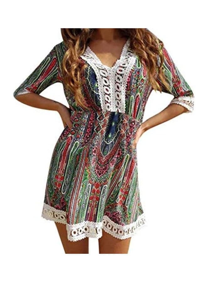 V Neck Printed Beach Mini Bohemian Party Dress Multicolour