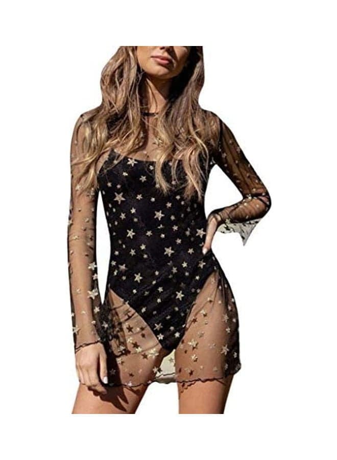 Women Beach Cover Up Shirt Bikini Beach Perspective Blouse Top Black