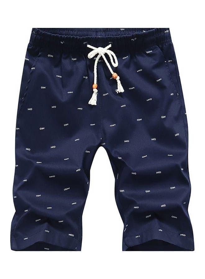 Men Casual Fishbone Print Drawstring Pockets Cotton Beach Shorts Fifth Pants Dark Blue