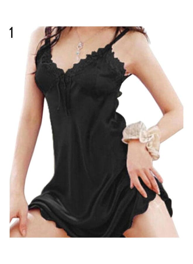 Lady Spaghetti Strap Lace V-neck Sleepwear Dress + G-string Nightwear Black