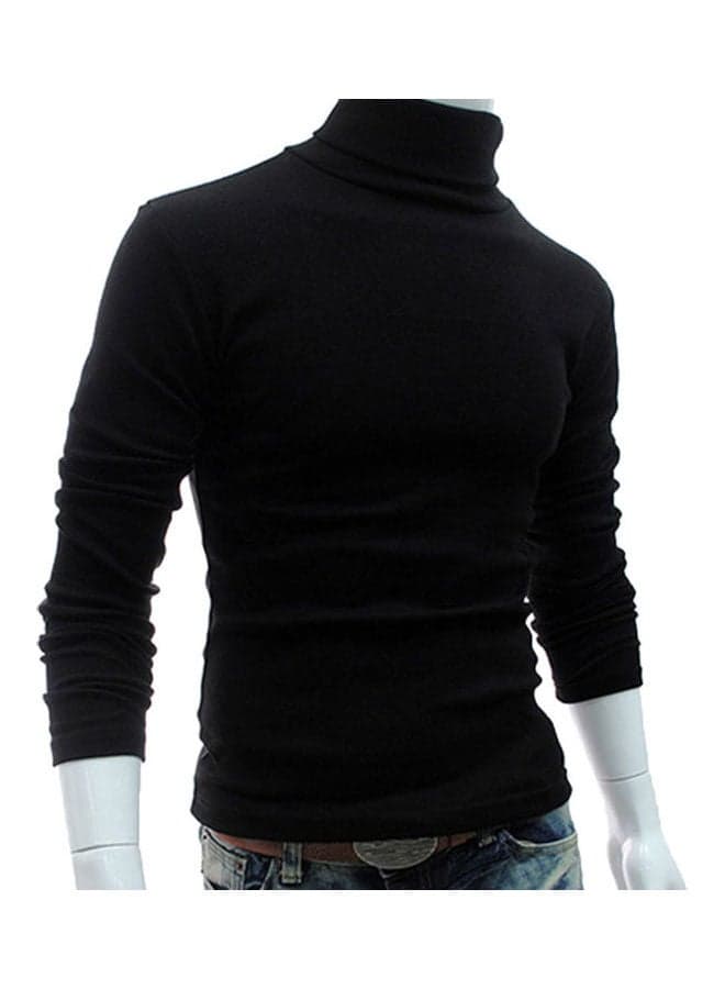 Men Fashion Solid Colour Long Sleeve Turtleneck Sweater Slim Fit Knitted Pullover Black