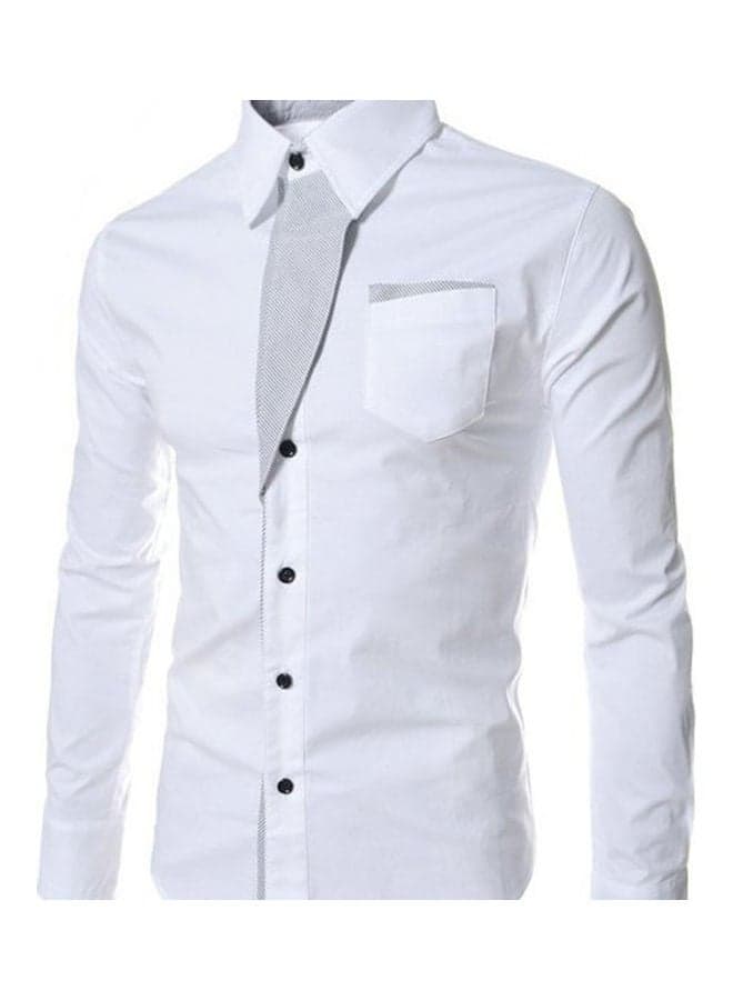 Men Colour Block Stripe Slim Fit Long Sleeve Button Turn Down Collar Shirt Top White