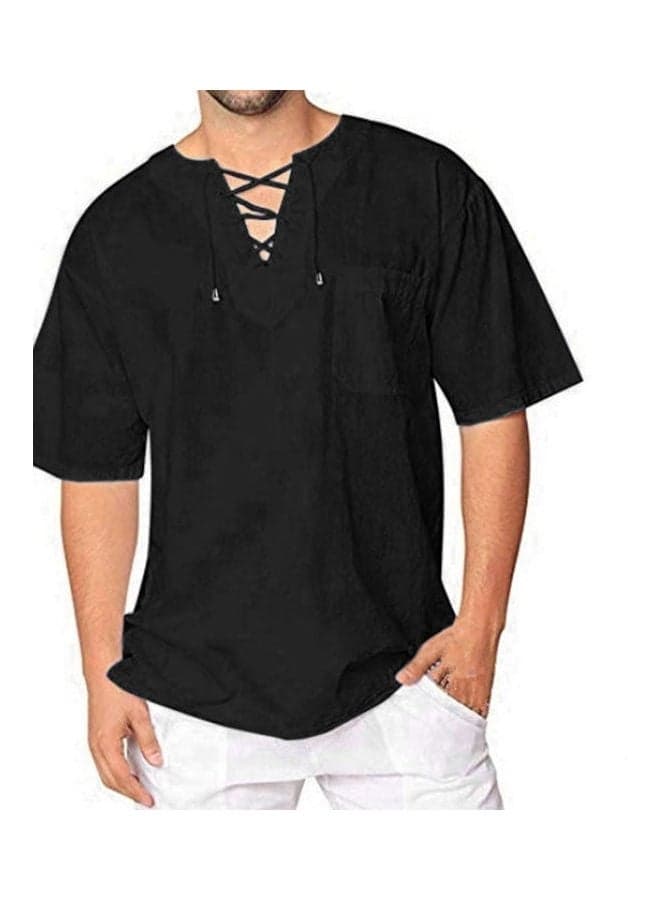 Men Fashion Solid Colour Short Sleeve Bandage T-Shirt Baggy Blouse Top Black