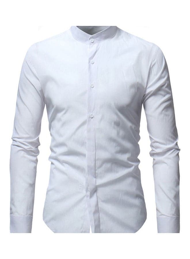 Business Men Solid Colour Stand Collar Button Down Long Sleeve Slim Fit Shirt White