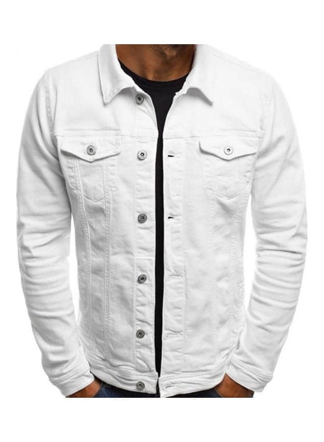 Solid Pattern Multi Pockets Denim Jacket White