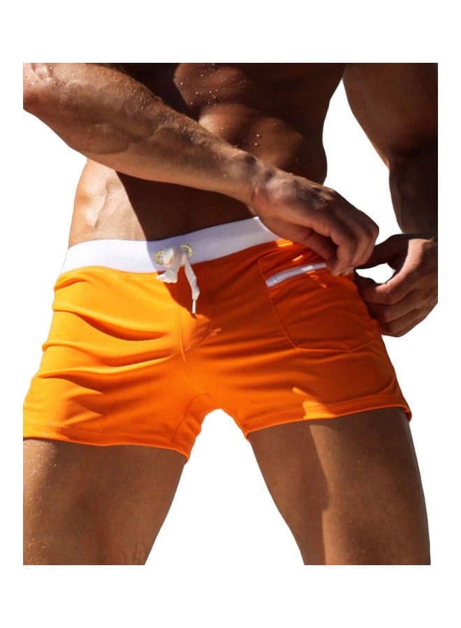 Men Solid Colour Swimming Trunks Drawstring Pocket Slim Fit Beach Shorts Swimwear Orange