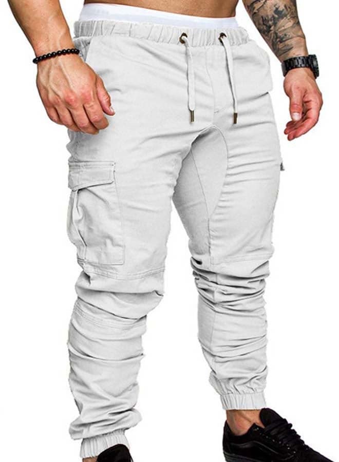 Solid Drawstring Cargo Pants White
