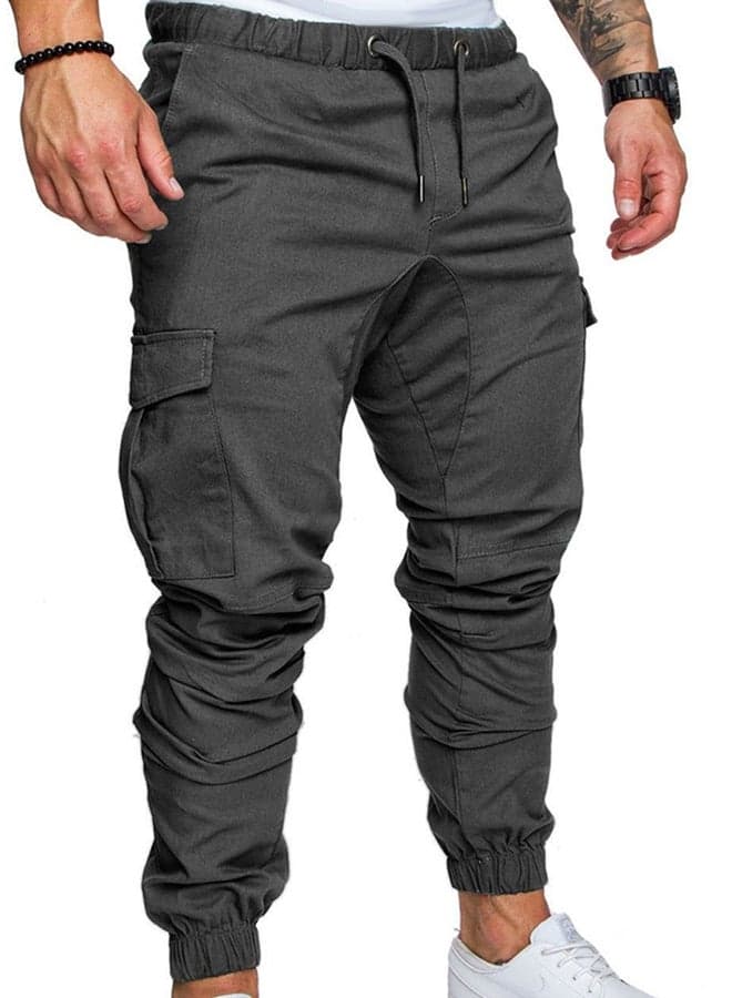 Solid Drawstring Cargo Pants Dark Grey
