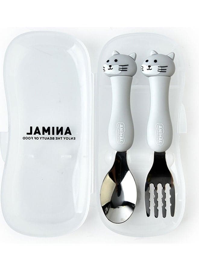 2-Piece Kids Spoon And Fork With Travel Case Grey 17.5x3x8cm