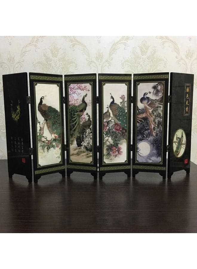 Wooden 6-Panel Peacock Folding Screen Multicolour 20 x 10 x 20cm