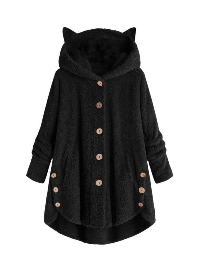 Winter Fleece Cat Ears Hooded Coat Buttons Jacket Black