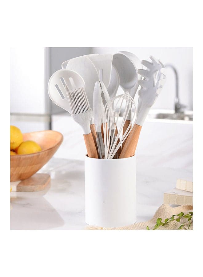 11 Pieces Silicone Cooking Utensil Set with Wooden Handle White 10.50 x 10.50 x 1.237cm