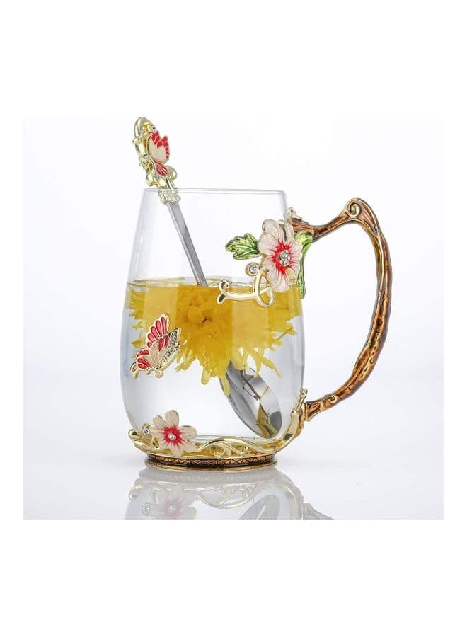 Designer Glass Cup With Steel Spoon Set multicolour