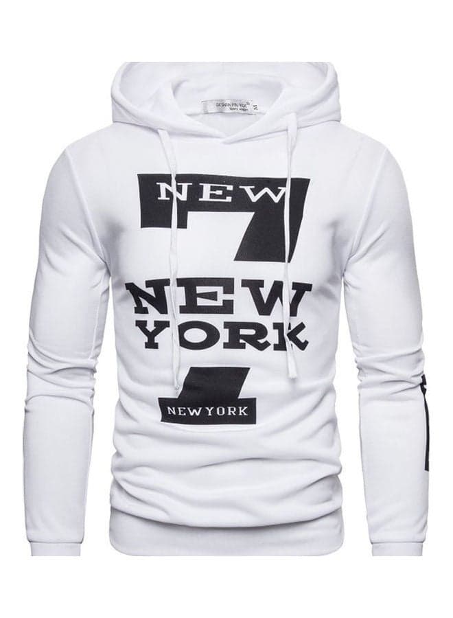 New York 7 Printed Drawstring Casual Sweatshirt White