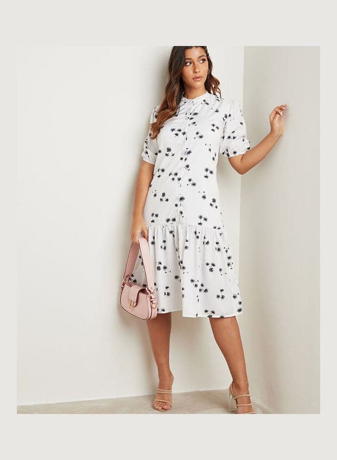 Drop Waist Printed A-Line Midi Dress White