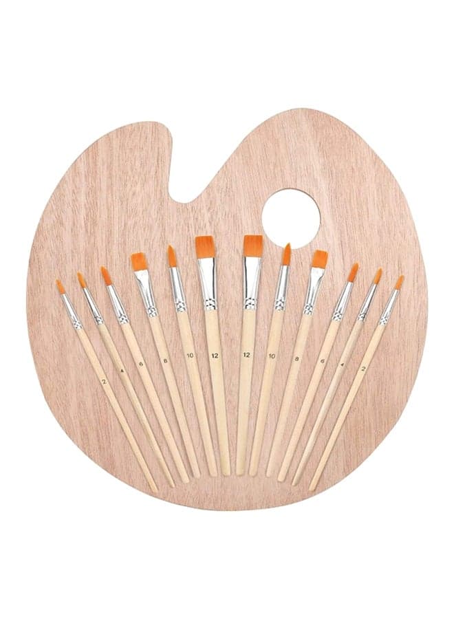 13-Piece Paint Brush And Wooden Palette Set Beige