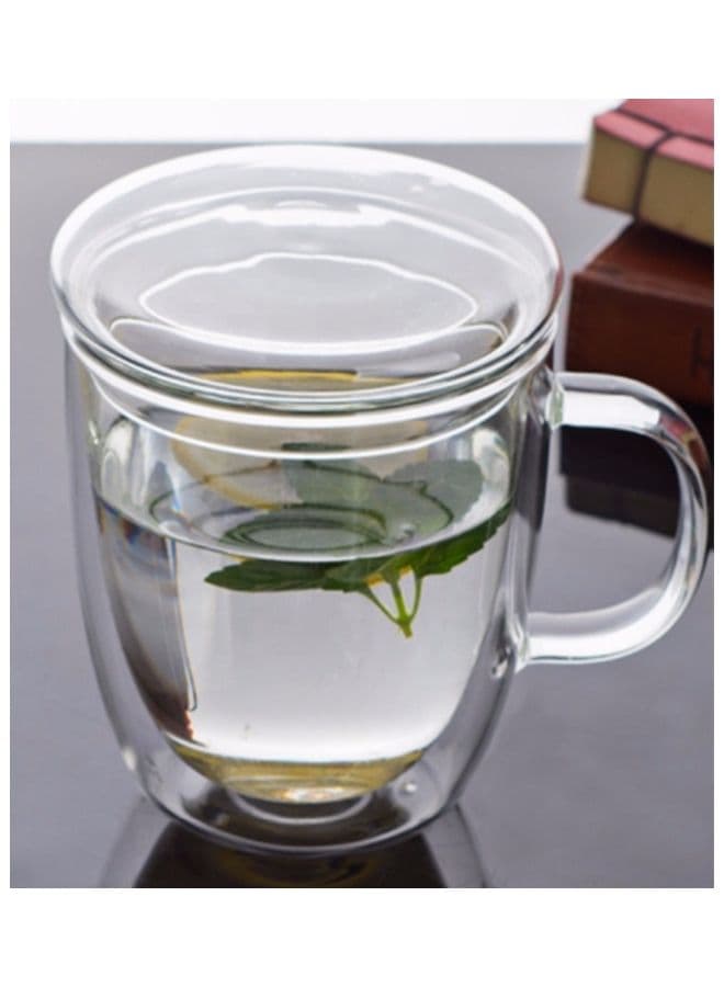 350ML Borosilicate Double Wall Glass Tea Coffee Cup with Handle and Glass Lid Clear