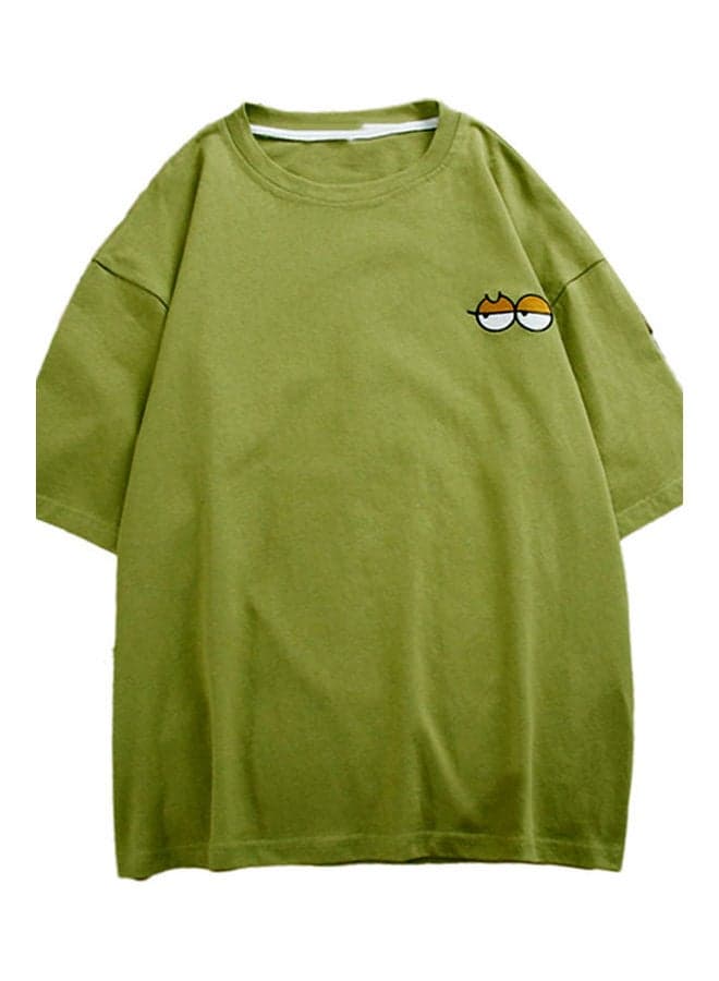 Cartoon Eye Embroidery Round Neck Loose T-shirt Green