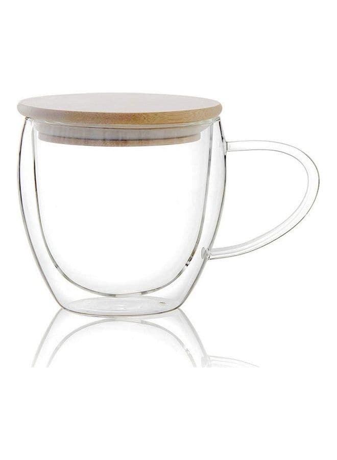 Double Walled Glass Coffee Cups with Handle and  Bamboo Lid Clear 250ml