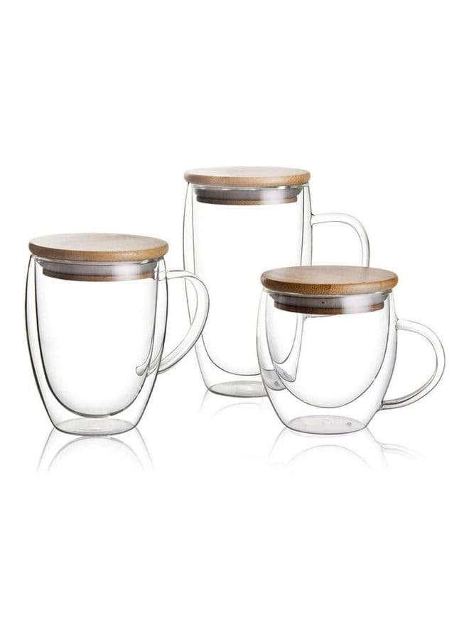 Set of 3- Borosilicate Double Wall Coffee Cups With Handle Bamboo Lid  450ml, 350ml, 250ml Clear 250/350/450ml