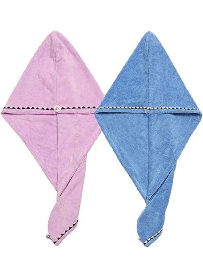 2-Piece Turban Hair Wrap Head Towel Set With Buttons Purple/Blue 24inch