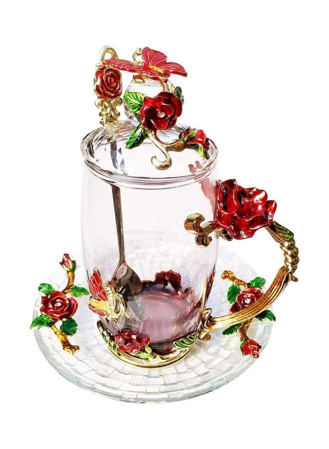 Designer Glass Cup With Lid Spoon And Saucer Multicolour