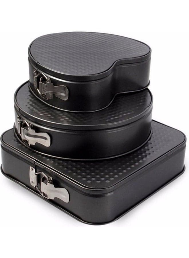 3 Pieces Non Stick Removable Bottom Round Heart Square Shape Cake Mold Set Black 26x26x2cm