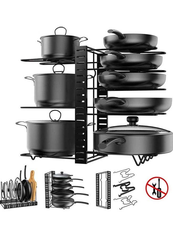 Pot Rack Organizer, 8 Tiers Adjustable Pots and Pans Organizer, Large Capacity Pot Lid Holders & Pan Rack for Kitchen Cabinet and Counter with 3 DIY Methods Black 40.8 x 26.4 x 10.8cm