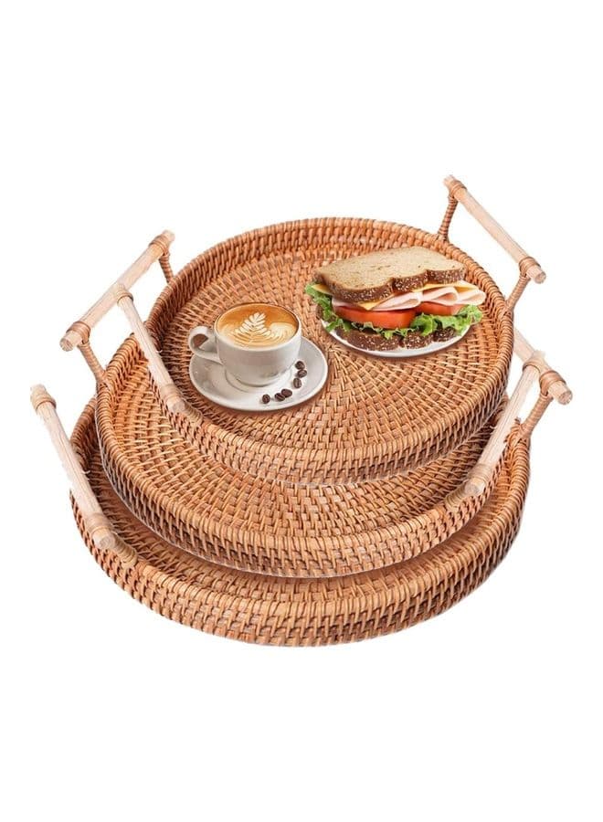 3-Piece Round Woven Serving Tray with Handles Brown 22, 24, 28cm