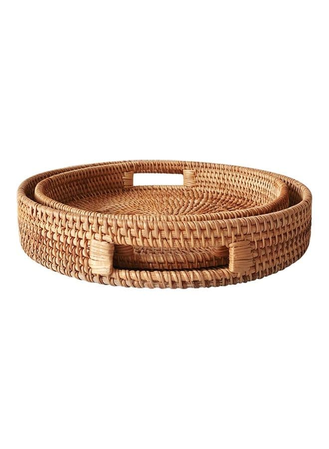 2-Piece Round Woven Serving Tray with Handles Brown 42cm