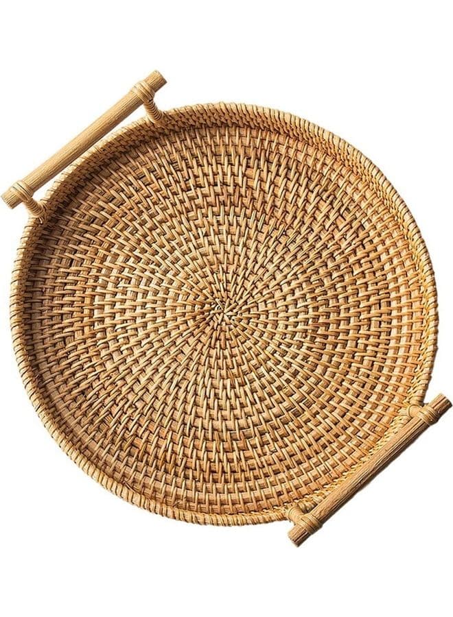 Round Woven Serving Tray with Handles Brown 27.5 x 7.3cm