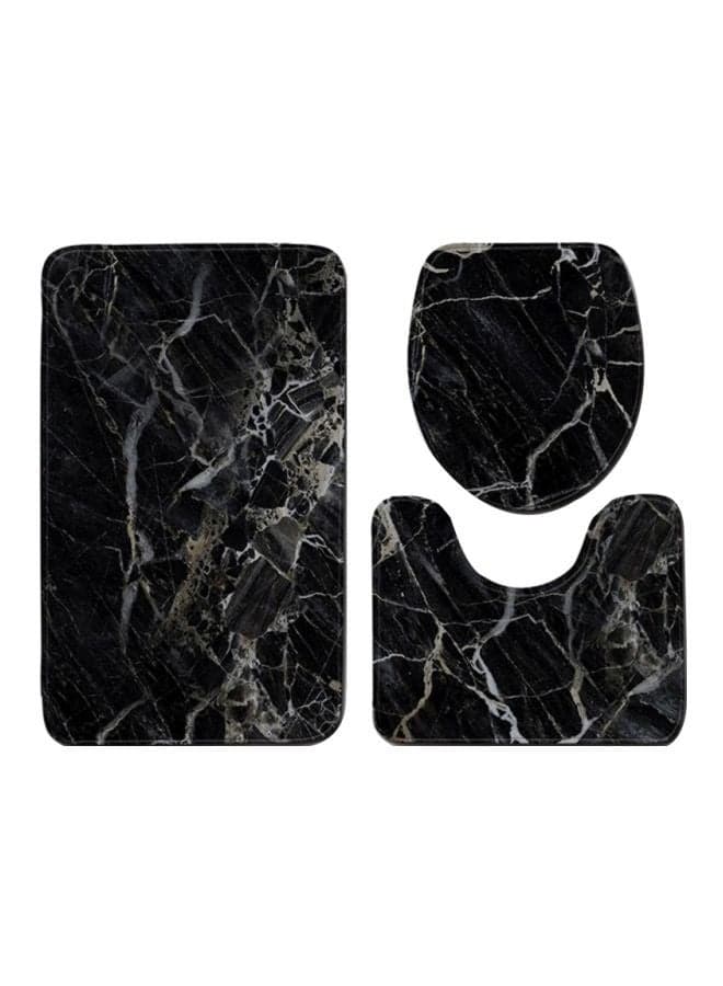 3-Piece Marble Printed Bath Mat Set Black/White Rectangular Mat( 75x45), U Shaped Mat(37.5x45), Toilet Cover(35x45)cm