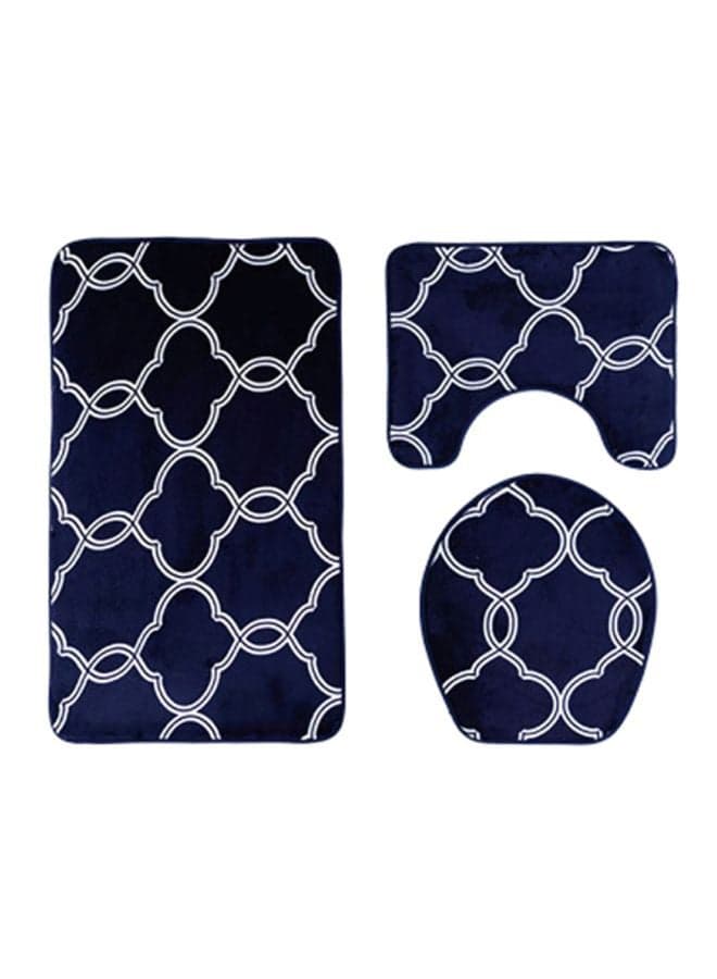 3-Piece Geometric Pattern Bath Mat Set Blue/White Rectangular Mat( 75x45), U Shaped Mat(37.5x45), Toilet Cover(35x45)cm